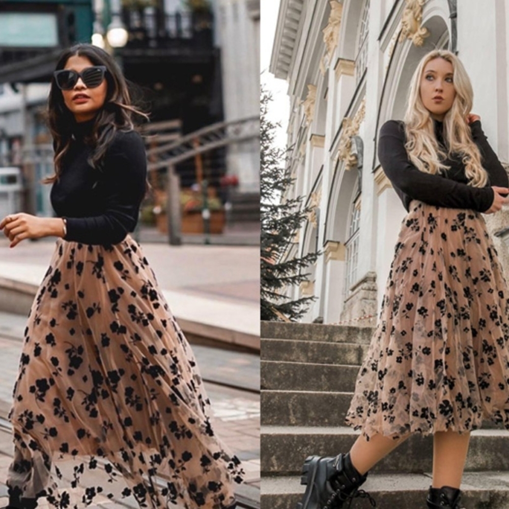 Chicwish Beige Mesh Midi Skirt with Black Floral Appliqué